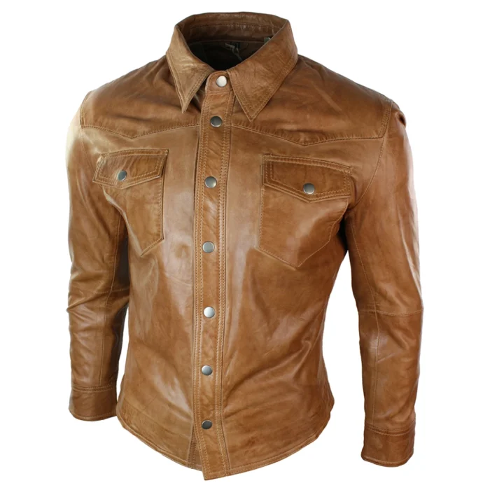Mens Real Leather Shirt Jacket Tan Brown Black Slim Fit Casual Retro Vintage - Image 7