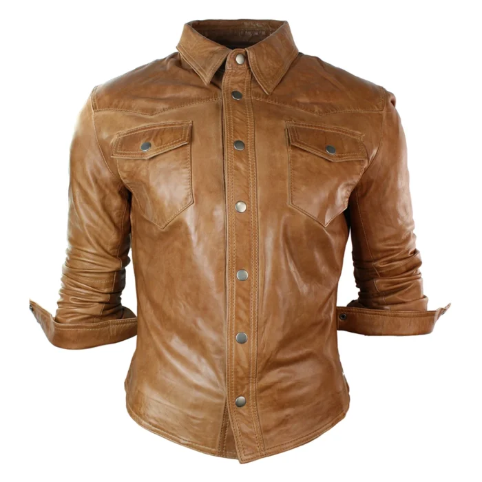 Mens Real Leather Shirt Jacket Tan Brown Black Slim Fit Casual Retro Vintage - Image 6