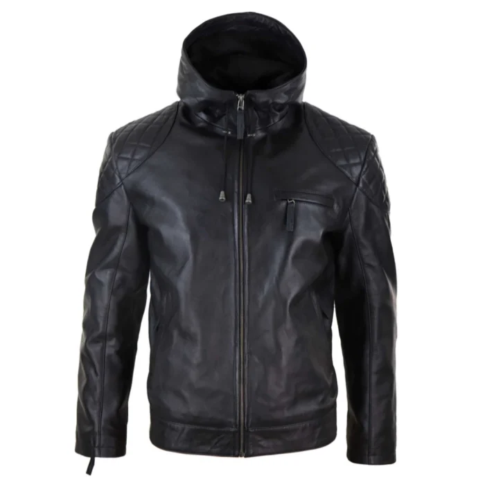 Mens Hood Biker Jacket Genuine Leather Casual Zip Retro Urban - Image 1