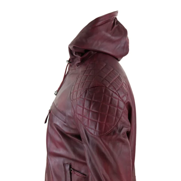 Mens Hood Biker Jacket Genuine Leather Casual Zip Retro Urban - Image 8