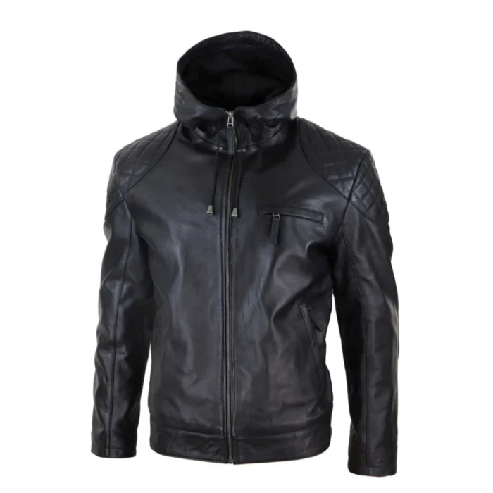 Mens Hood Biker Jacket Genuine Leather Casual Zip Retro Urban - Image 2