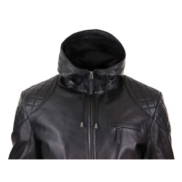 Mens Hood Biker Jacket Genuine Leather Casual Zip Retro Urban - Image 4