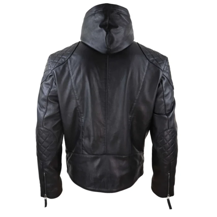 Mens Hood Biker Jacket Genuine Leather Casual Zip Retro Urban - Image 3