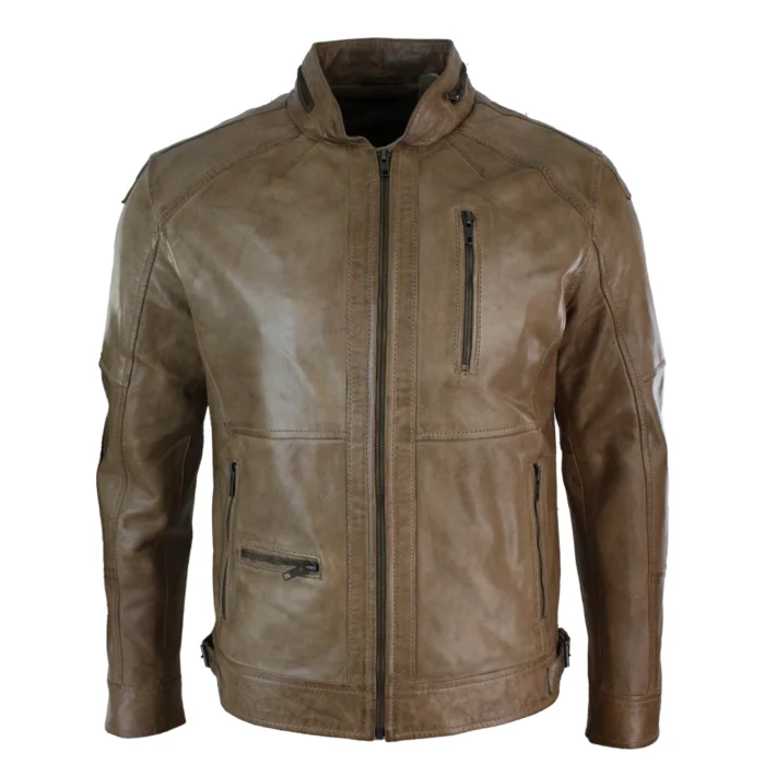 Mens Zipped Biker Style Smart Casual Real Leather Jacket Black Brown Olive Urban - Image 9