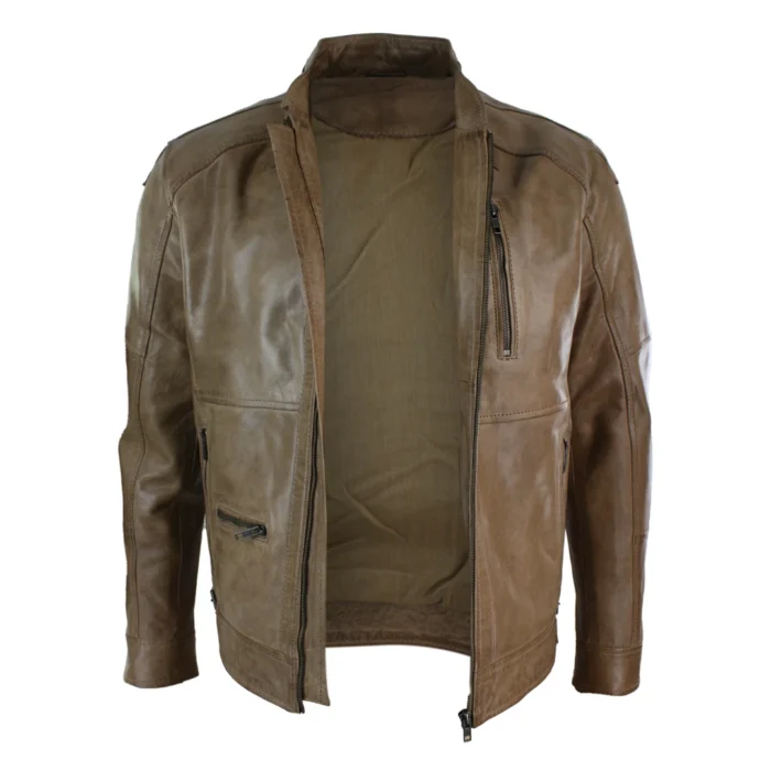 Mens Zipped Biker Style Smart Casual Real Leather Jacket Black Brown Olive Urban - Image 11