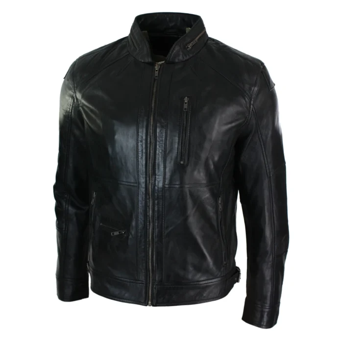 Mens Zipped Biker Style Smart Casual Real Leather Jacket Black Brown Olive Urban - Image 2