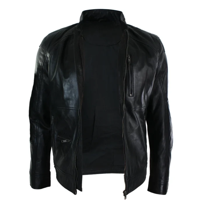 Mens Zipped Biker Style Smart Casual Real Leather Jacket Black Brown Olive Urban - Image 3