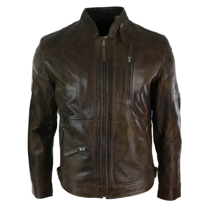 Mens Zipped Biker Style Smart Casual Real Leather Jacket Black Brown Olive Urban - Image 5