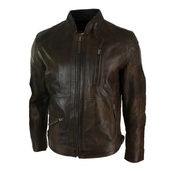 Mens Zipped Biker Style Smart Casual Real Leather Jacket Black Brown Olive Urban - Image 6