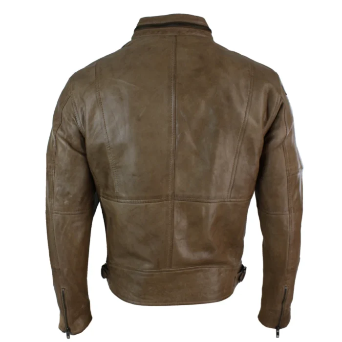 Mens Zipped Biker Style Smart Casual Real Leather Jacket Black Brown Olive Urban - Image 12