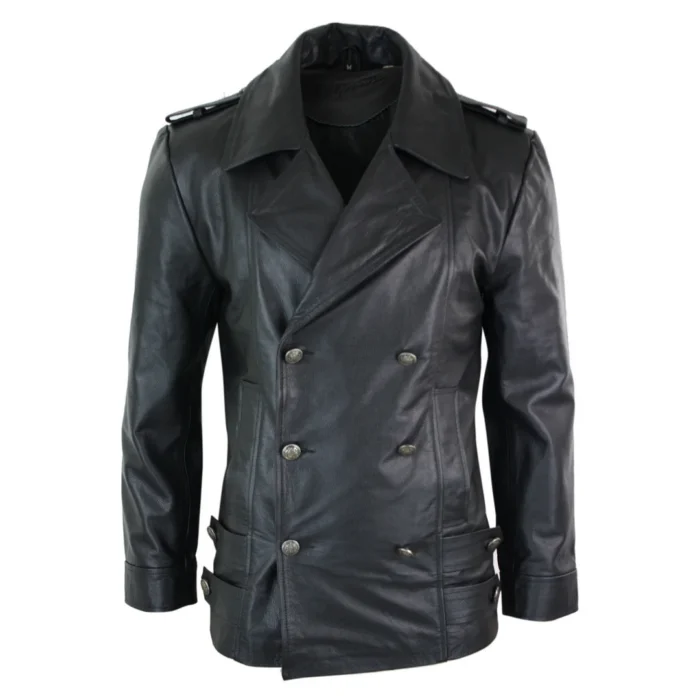 Mens Mid Length German Sailors Marine Goth Punk Double Breasted Real Leather Jacket - Image 1