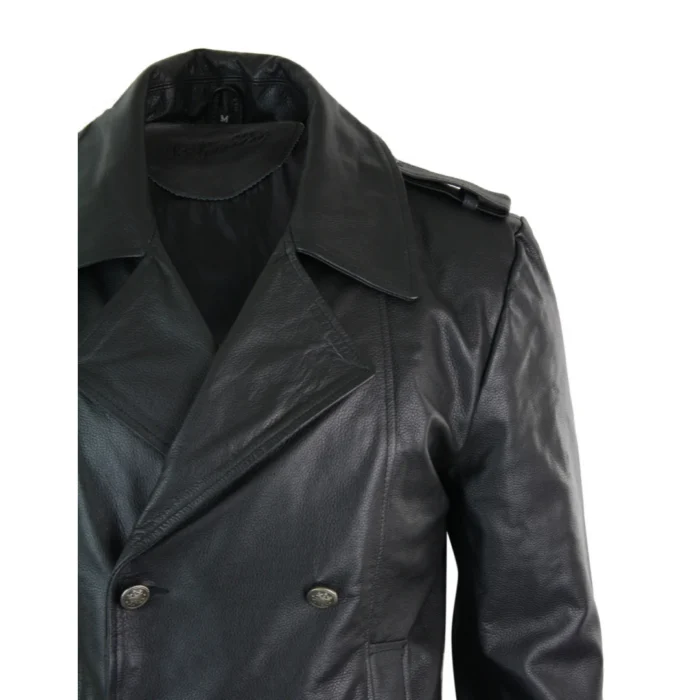 Mens Mid Length German Sailors Marine Goth Punk Double Breasted Real Leather Jacket - Image 3