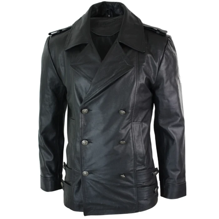 Mens Mid Length German Sailors Marine Goth Punk Double Breasted Real Leather Jacket - Image 2