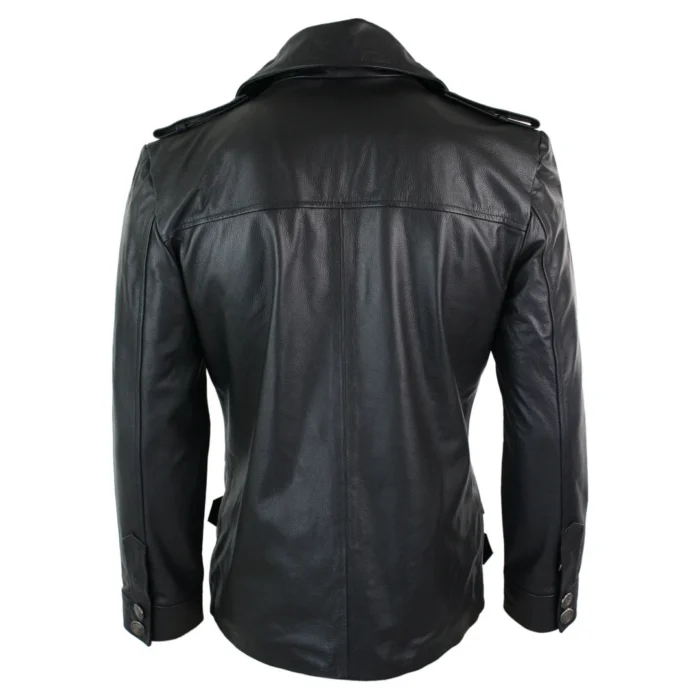 Mens Mid Length German Sailors Marine Goth Punk Double Breasted Real Leather Jacket - Image 5