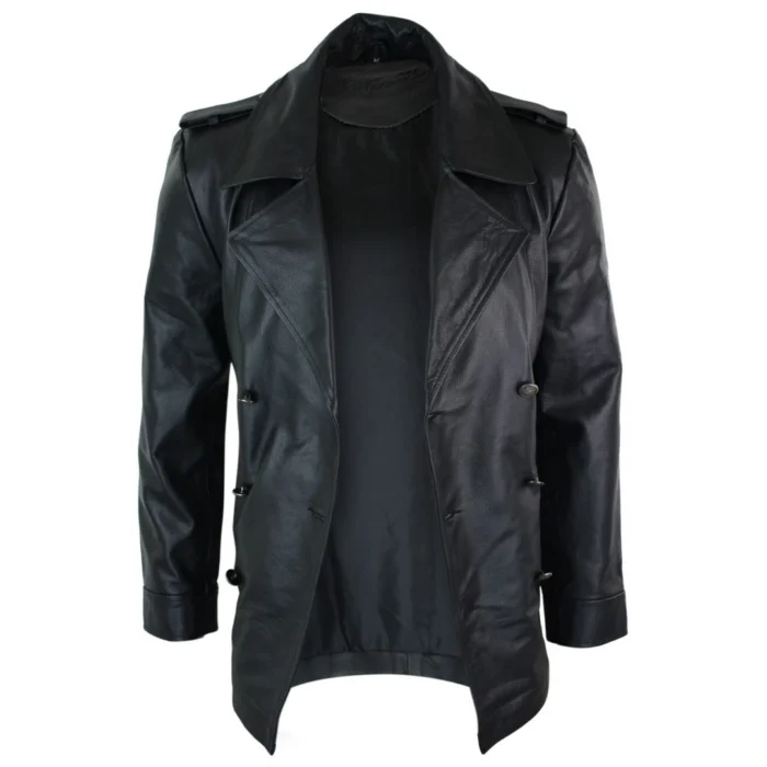 Mens Mid Length German Sailors Marine Goth Punk Double Breasted Real Leather Jacket - Image 4