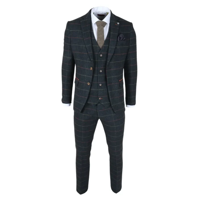 Men's Suit 3 Piece Navy Blue Checked Herringbone Tweed Tailored Fit Formal Dress - Image 4