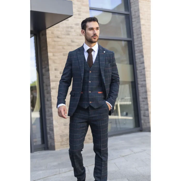 Men's Suit 3 Piece Navy Blue Checked Herringbone Tweed Tailored Fit Formal Dress - Image 2