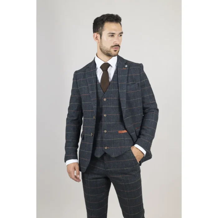 Men's Suit 3 Piece Navy Blue Checked Herringbone Tweed Tailored Fit Formal Dress - Image 3