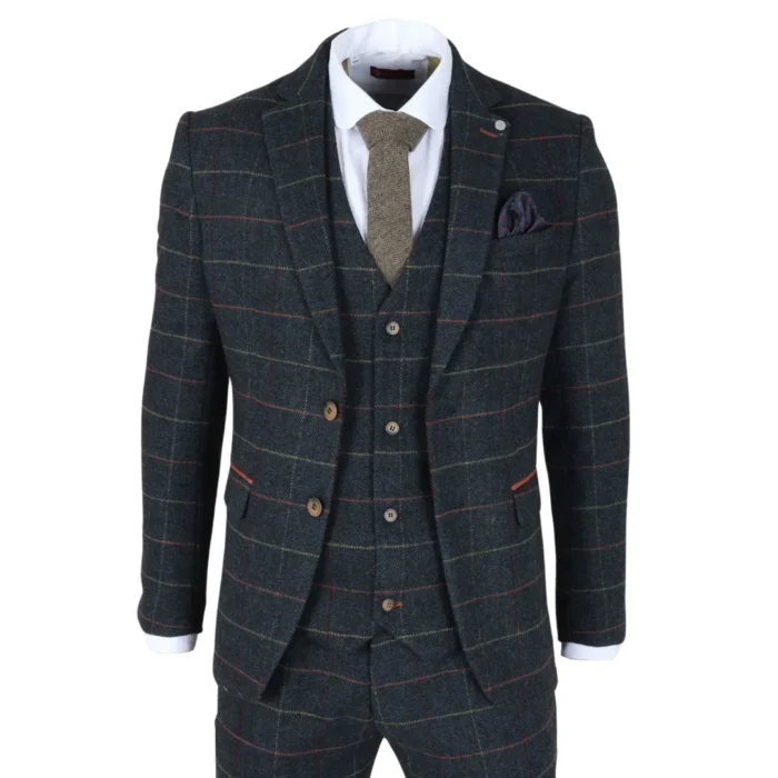 Men's Suit 3 Piece Navy Blue Checked Herringbone Tweed Tailored Fit Formal Dress - Image 1