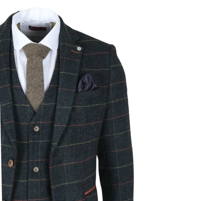Men's Suit 3 Piece Navy Blue Checked Herringbone Tweed Tailored Fit Formal Dress - Image 5
