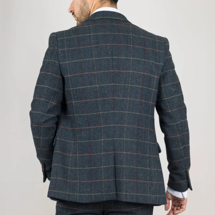 Men's Suit 3 Piece Navy Blue Checked Herringbone Tweed Tailored Fit Formal Dress - Image 8