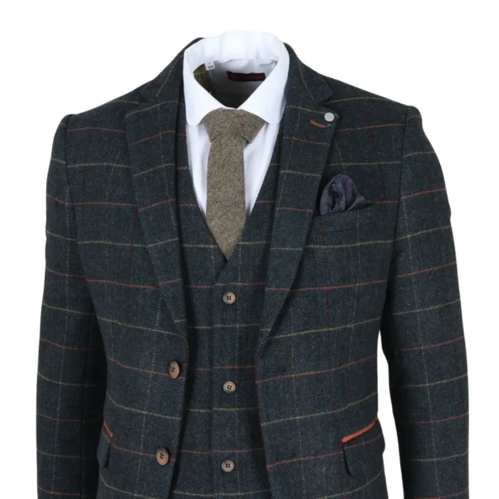 Men's Suit 3 Piece Navy Blue Checked Herringbone Tweed Tailored Fit Formal Dress - Image 6