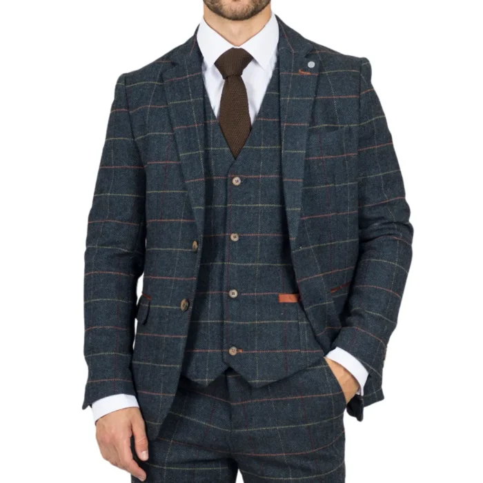 Men's Blazer Navy Blue Checked Herringbone Tweed Sport Coat Plaid Tailored Fit - Image 1
