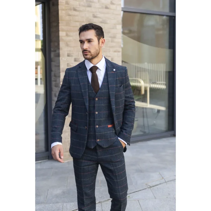 Men's Blazer Navy Blue Checked Herringbone Tweed Sport Coat Plaid Tailored Fit - Image 2