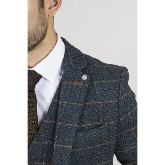 Men's Blazer Navy Blue Checked Herringbone Tweed Sport Coat Plaid Tailored Fit - Image 4