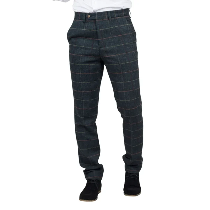 Men's Trousers Navy Blue Checked Herringbone Tweed Casual Formal Pants - Image 1