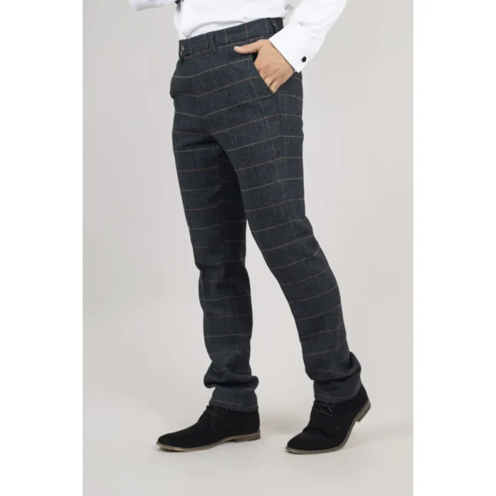 Men's Trousers Navy Blue Checked Herringbone Tweed Casual Formal Pants - Image 2