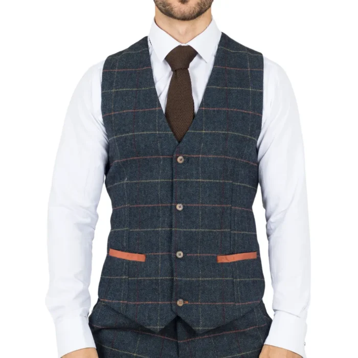 Men's Waistcoat Navy Blue Checked Herringbone Tweed Tailored Fit Vest - Image 1
