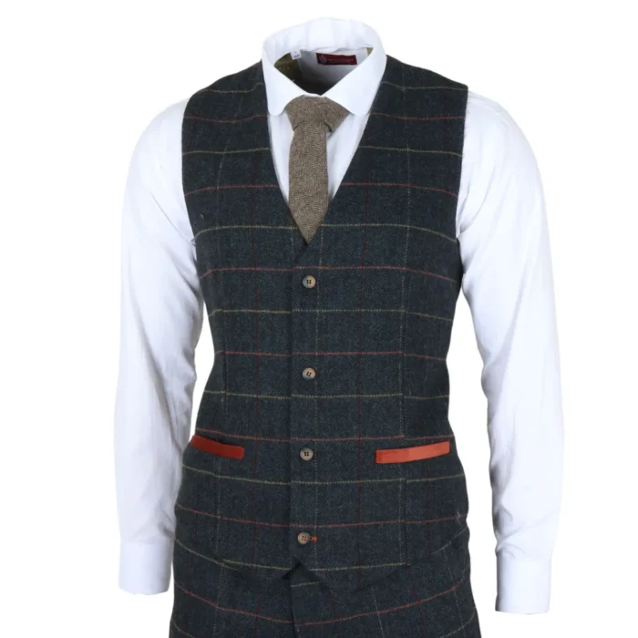 Men's Waistcoat Navy Blue Checked Herringbone Tweed Tailored Fit Vest - Image 2