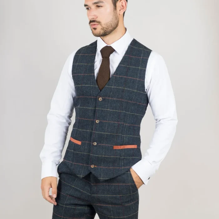 Men's Waistcoat Navy Blue Checked Herringbone Tweed Tailored Fit Vest - Image 4