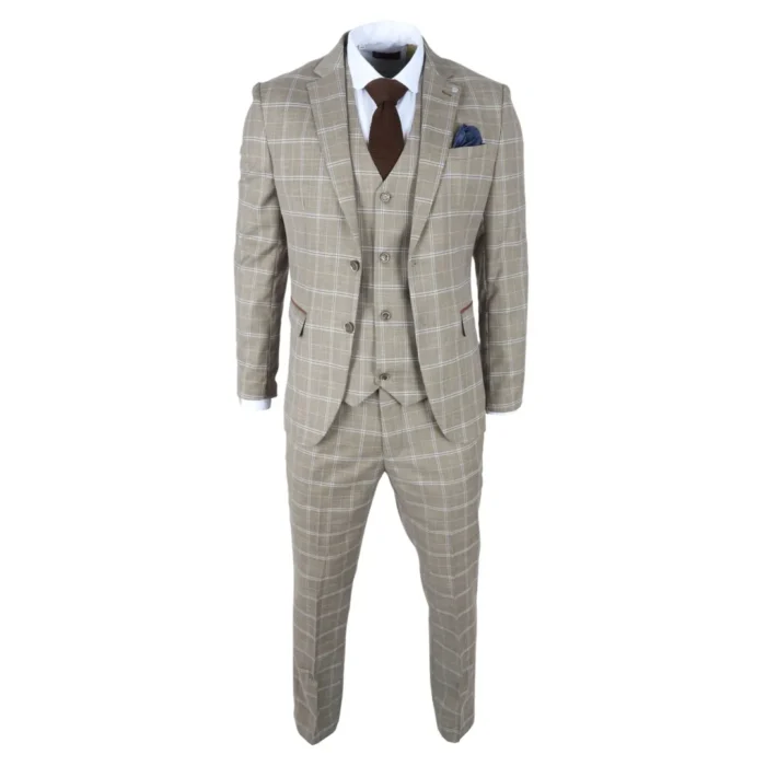 Men's Suit 3 Piece Brown Checked Classic Plaid Tailored Fit Formal Dress - Image 3