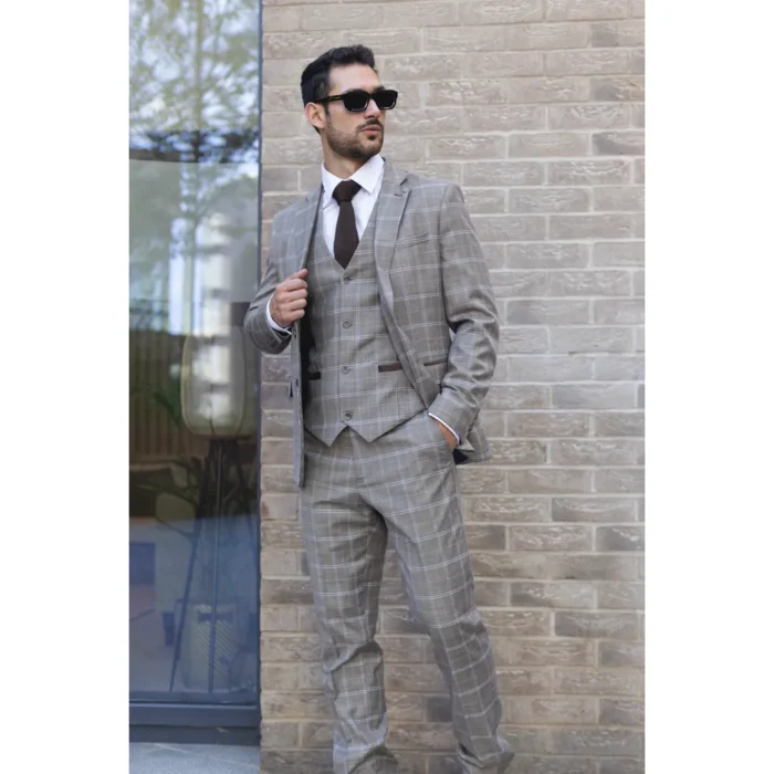 Men's Suit 3 Piece Brown Checked Classic Plaid Tailored Fit Formal Dress - Image 2