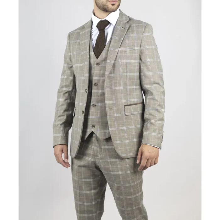 Men's Suit 3 Piece Brown Checked Classic Plaid Tailored Fit Formal Dress - Image 4