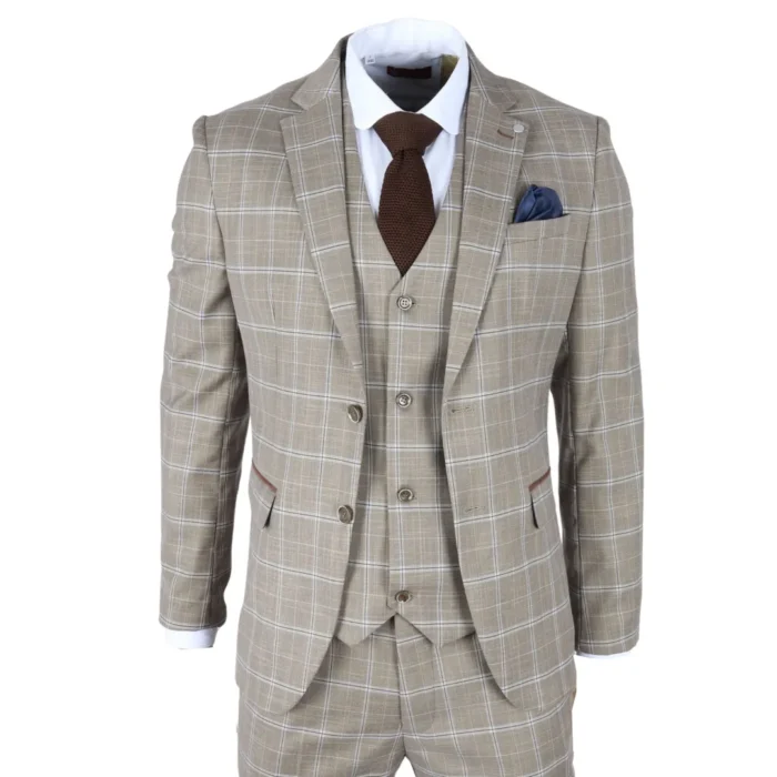 Men's Suit 3 Piece Brown Checked Classic Plaid Tailored Fit Formal Dress - Image 1