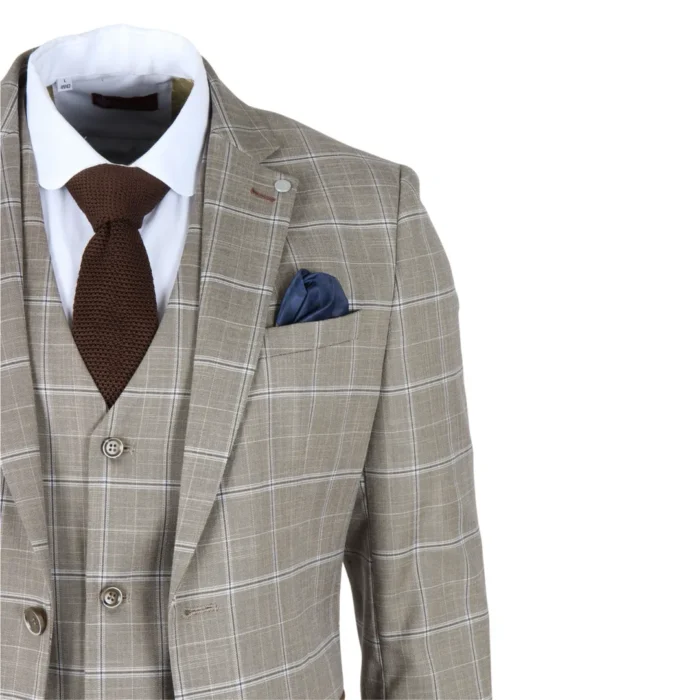 Men's Suit 3 Piece Brown Checked Classic Plaid Tailored Fit Formal Dress - Image 5