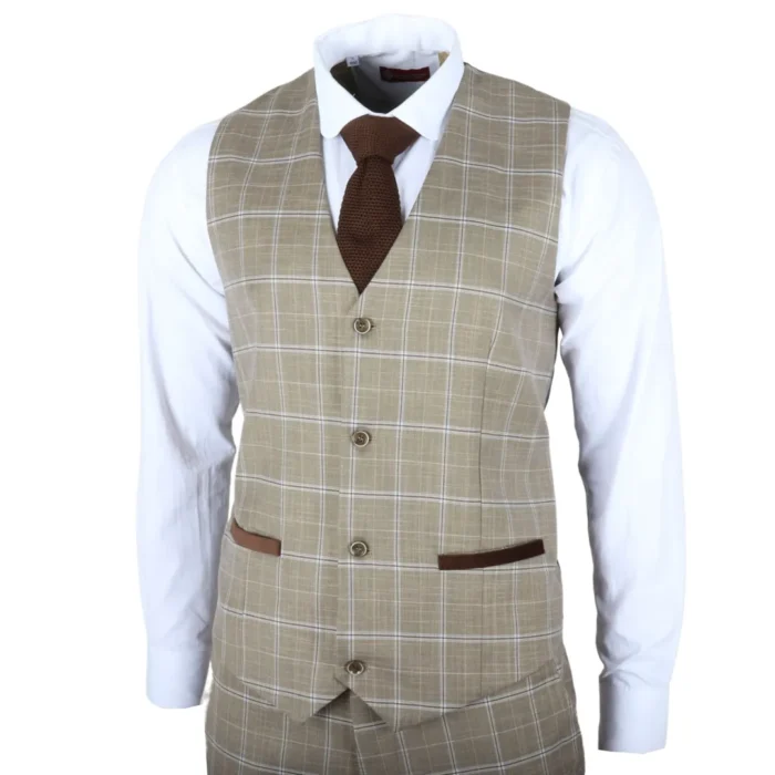 Men's Suit 3 Piece Brown Checked Classic Plaid Tailored Fit Formal Dress - Image 7
