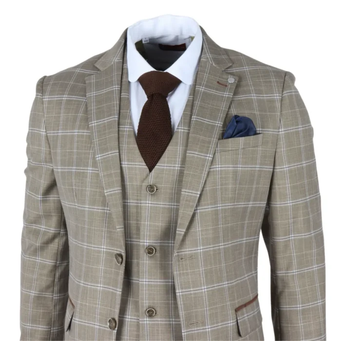 Men's Suit 3 Piece Brown Checked Classic Plaid Tailored Fit Formal Dress - Image 6