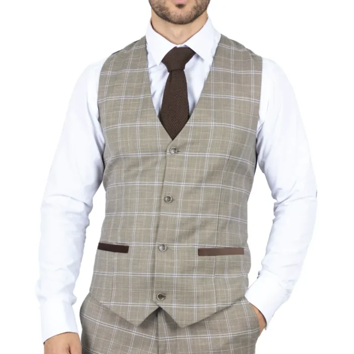 Men's Waistcoat Brown Checked Tailored Fit Vest - Image 1