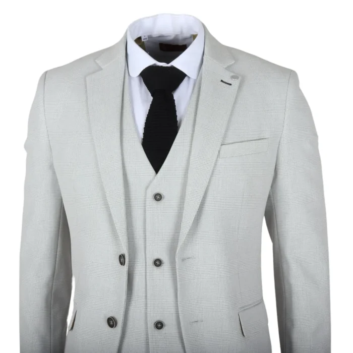 Men's Suit 3 Piece Grey Checked Classic Plaid Tailored Fit Formal Dress - Image 6