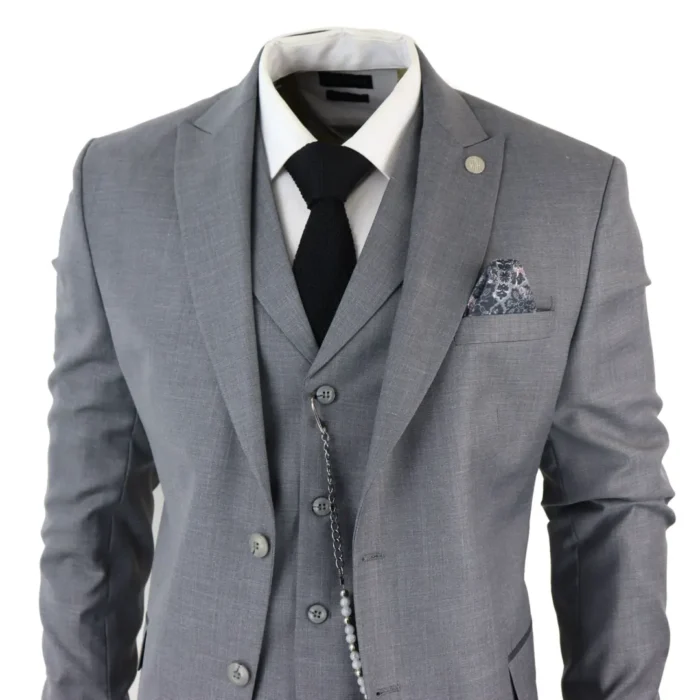 Mens Classic 3 Piece Suit Grey Pocket Chain Wedding Tailored Fit Vintage Formal - Image 4