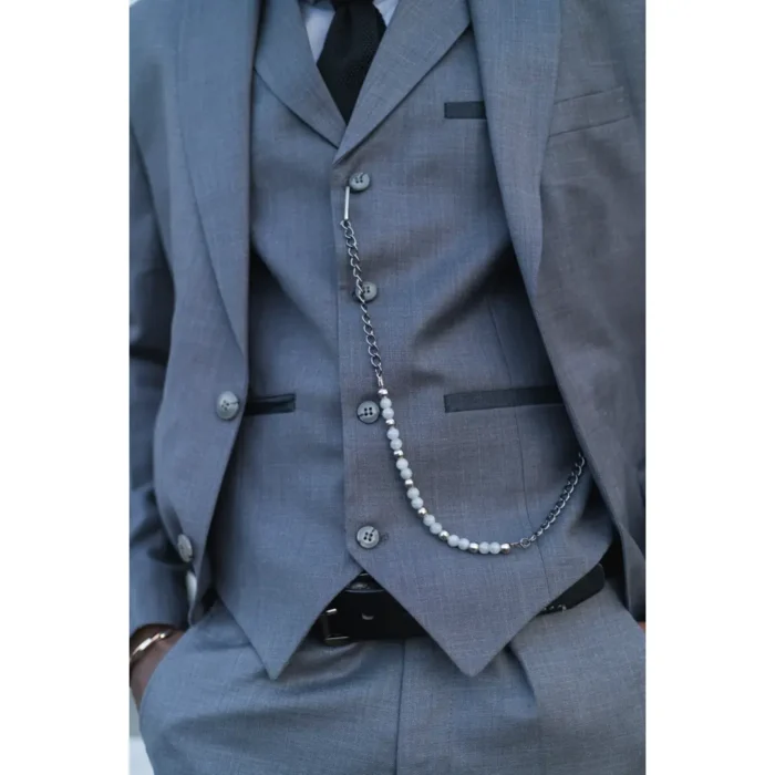 Mens Classic 3 Piece Suit Grey Pocket Chain Wedding Tailored Fit Vintage Formal - Image 5