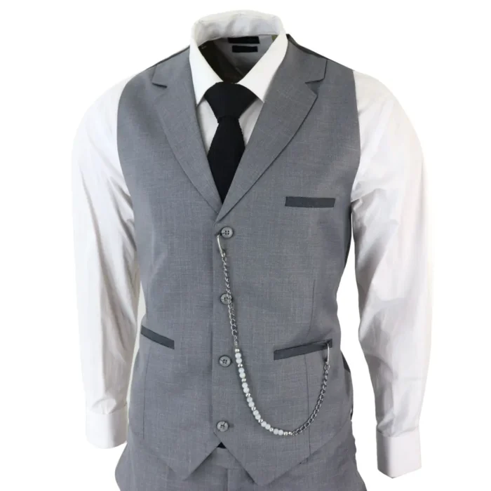 Mens Classic 3 Piece Suit Grey Pocket Chain Wedding Tailored Fit Vintage Formal - Image 7
