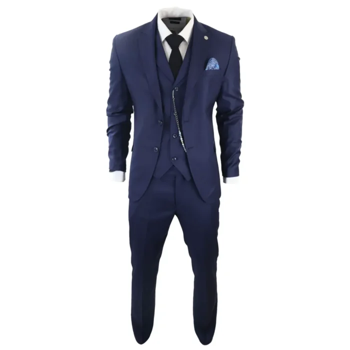 Mens Classic 3 Piece Suit Navy Blue Pocket Chain Wedding Tailored Fit Vintage Formal - Image 3