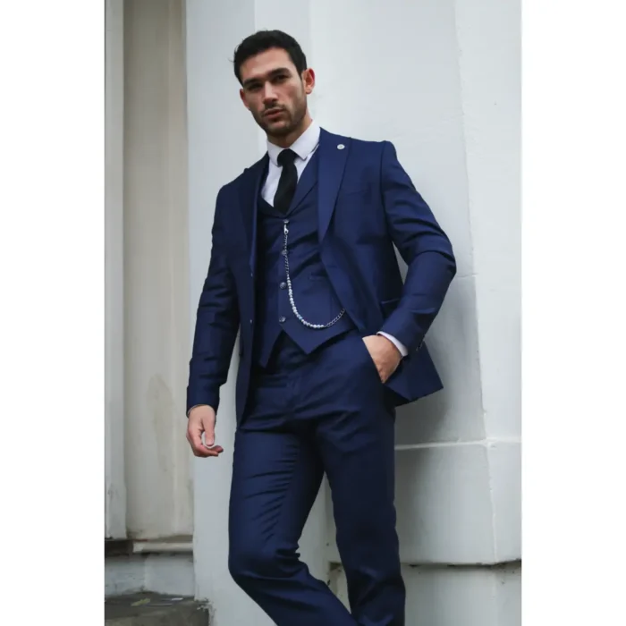 Mens Classic 3 Piece Suit Navy Blue Pocket Chain Wedding Tailored Fit Vintage Formal - Image 2