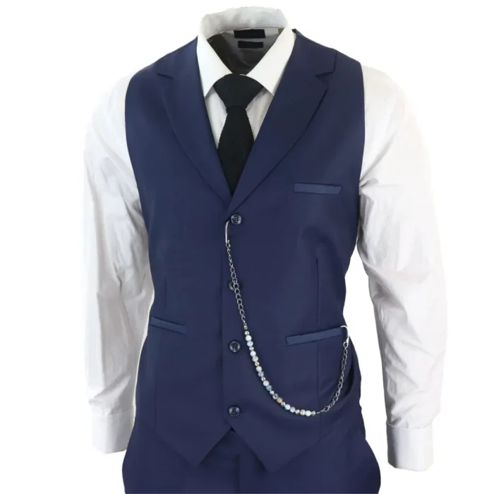 Mens Classic 3 Piece Suit Navy Blue Pocket Chain Wedding Tailored Fit Vintage Formal - Image 6