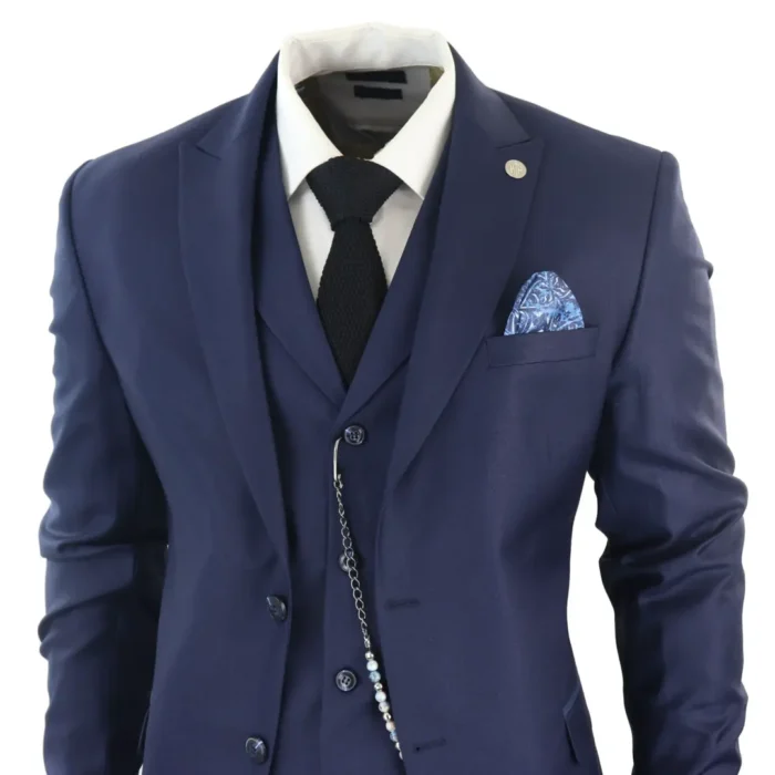 Mens Classic 3 Piece Suit Navy Blue Pocket Chain Wedding Tailored Fit Vintage Formal - Image 4